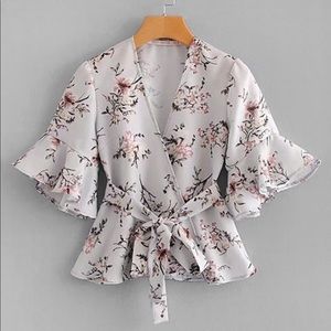 Floral print ruffle trim Wrap Blouse